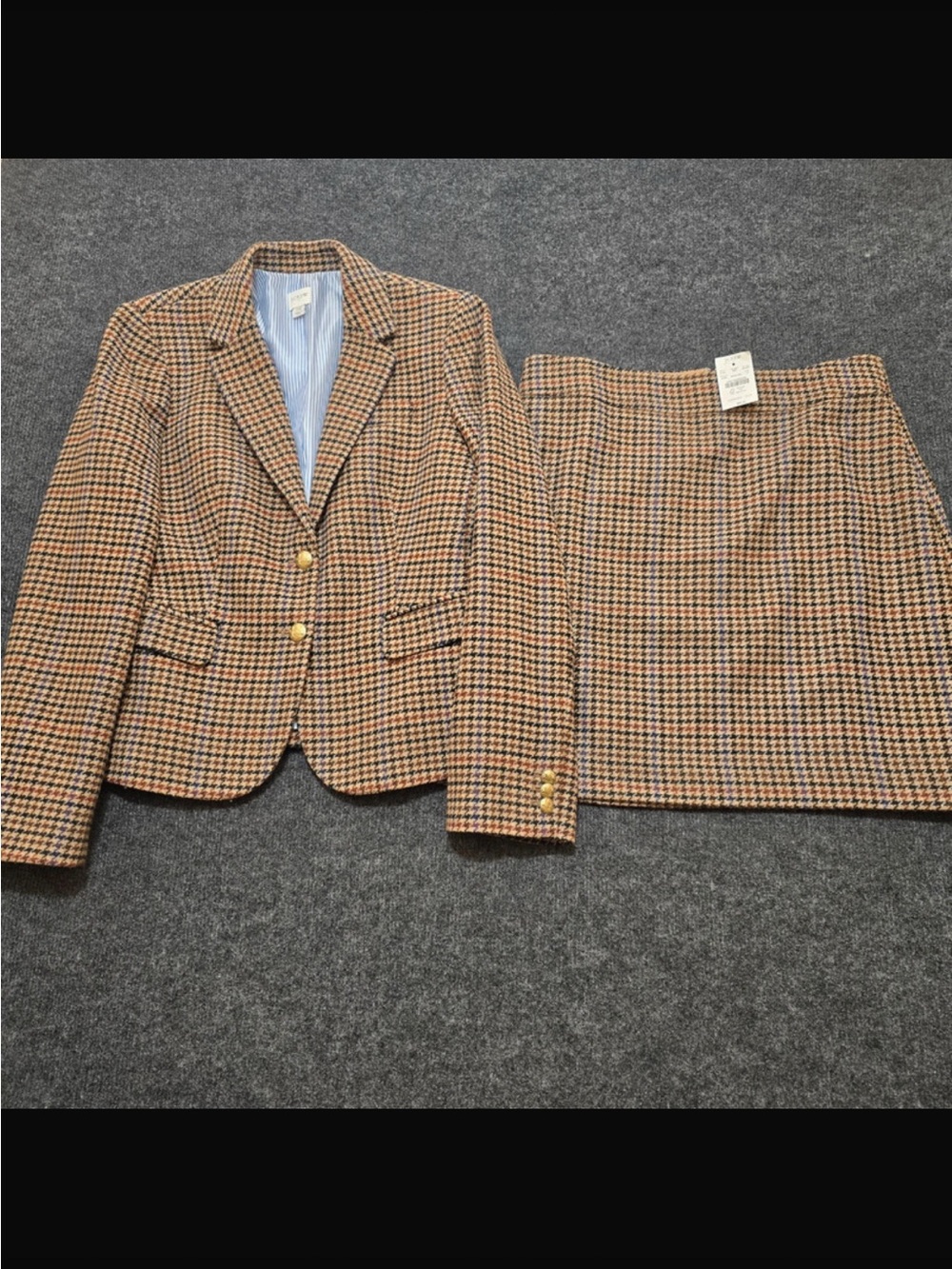 J. Crew Brown Houndstooth Wool-Blend Blazer & Skirt Set